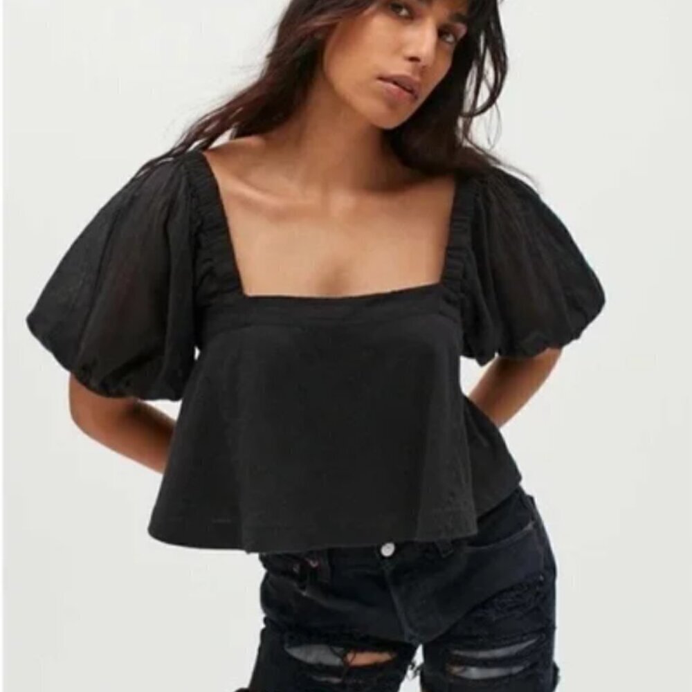 UO Cardamon Blouse Black puff sleeve crop M